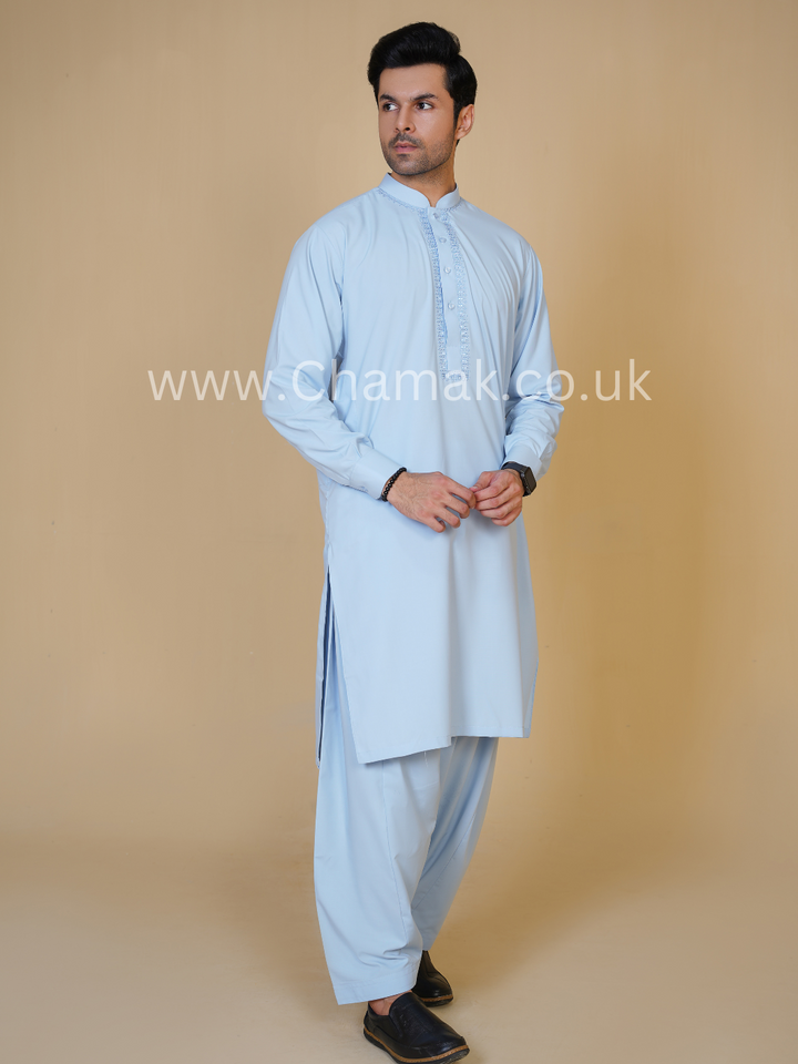 Men's Embroidered Sky Blue Shalwar Kameez