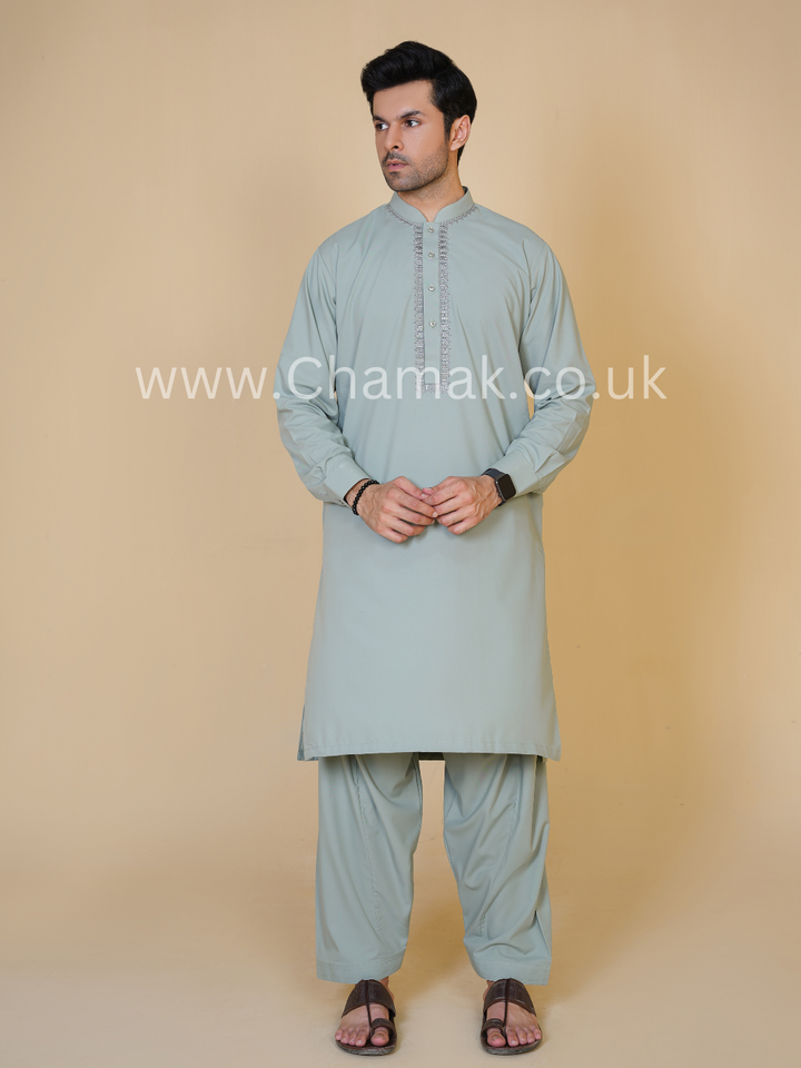 Men's Embroidered Mint Shalwar Kameez D-104