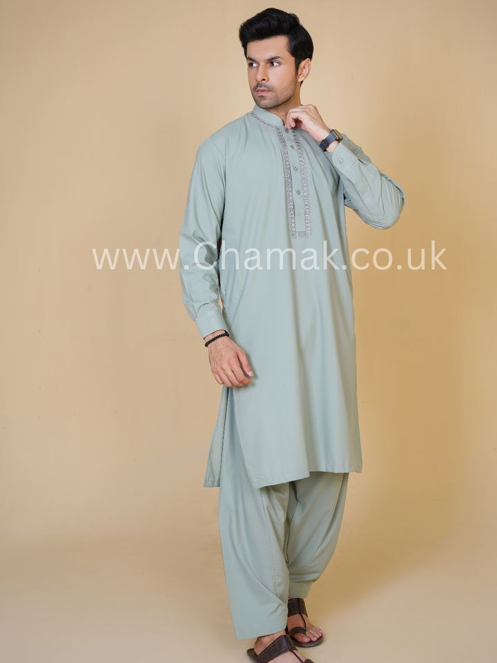 Men's Embroidered Mint Shalwar Kameez D-104