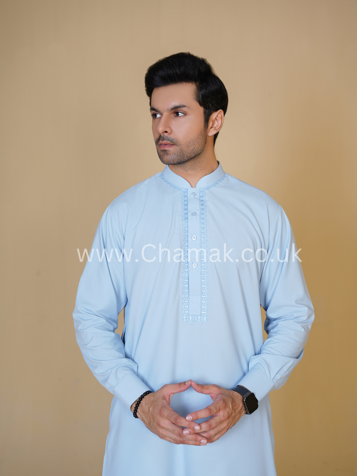 Men's Embroidered Sky Blue Shalwar Kameez