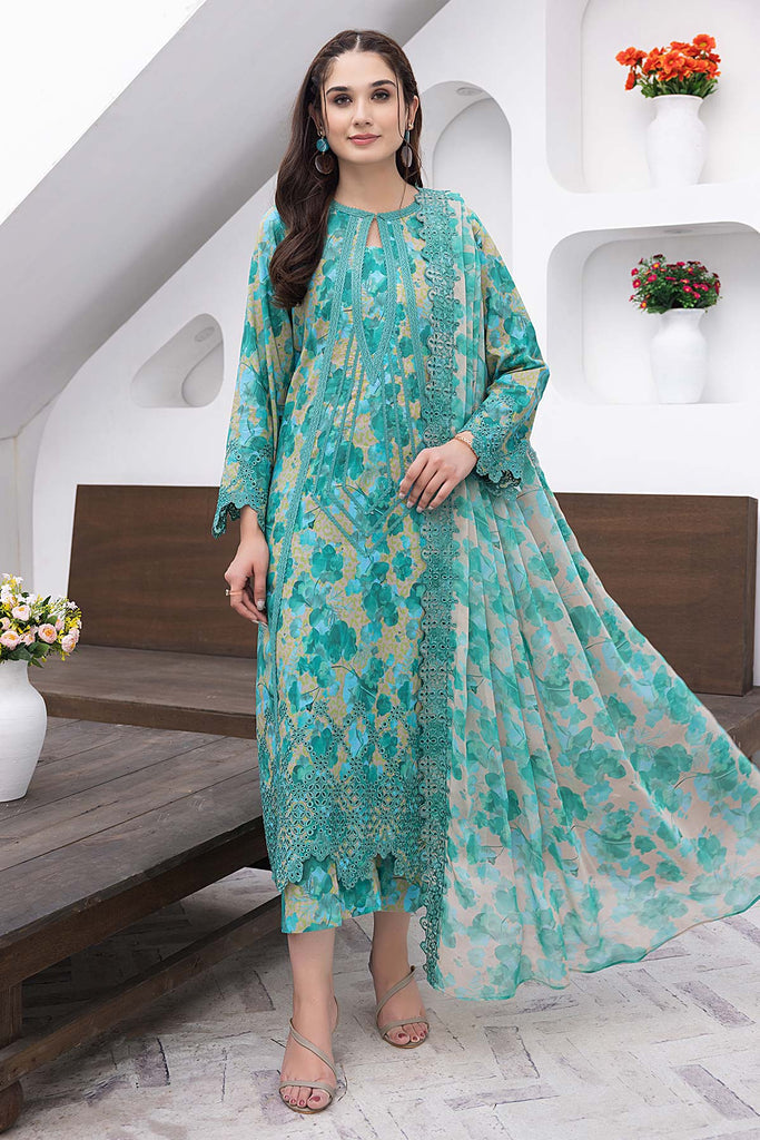 Charizma 3-Pc stitched Printed Embroidered Lawn Suit With Embroidered Chiffon Dupatta CRB23-21