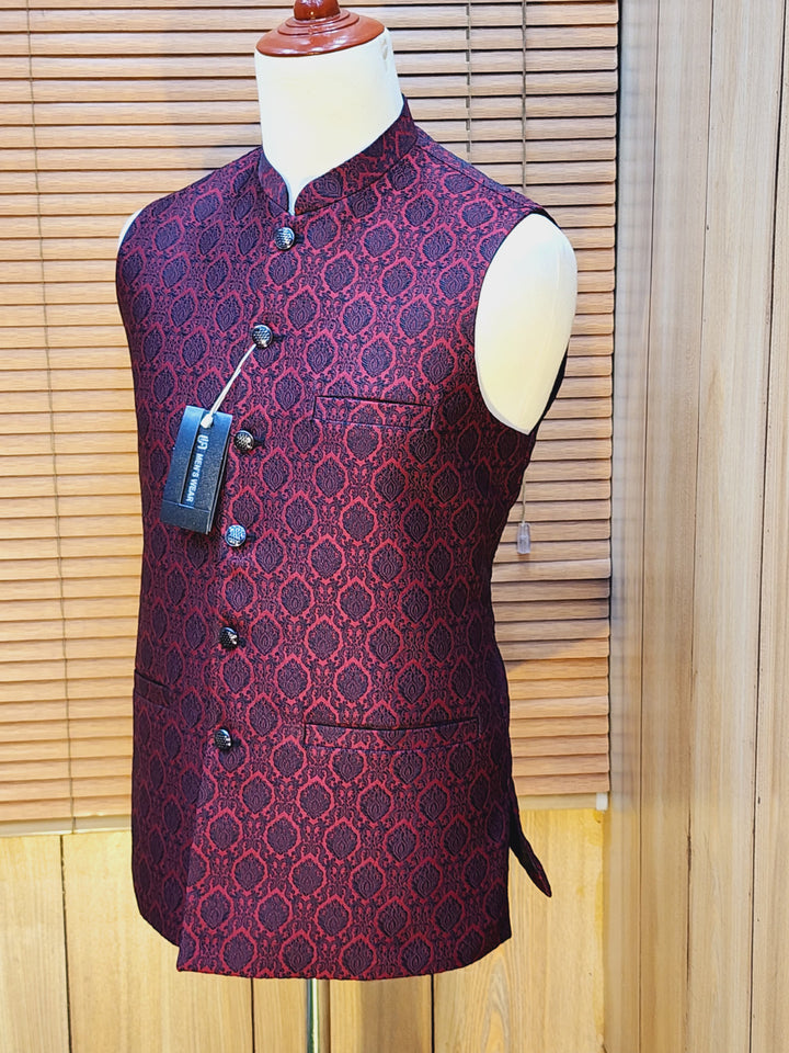 Men's Maroon Embroidery Waistcoat