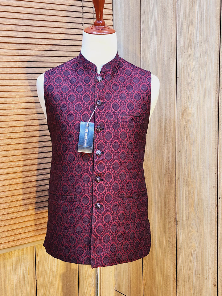 Men's Maroon Embroidery Waistcoat