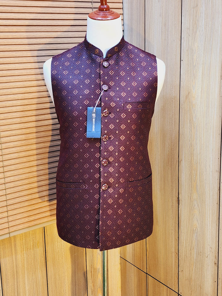 Men's Maroon Embroidered Waistcoat