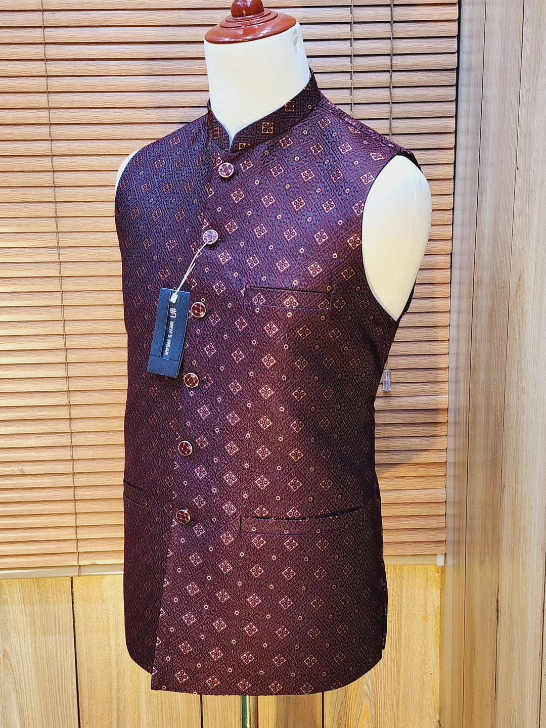 Men's Maroon Embroidered Waistcoat