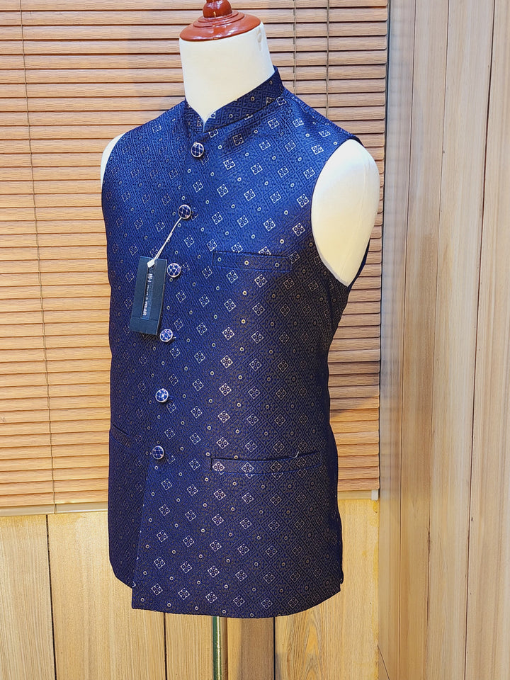 Men's Navy Blue Embroidered Waistcoat