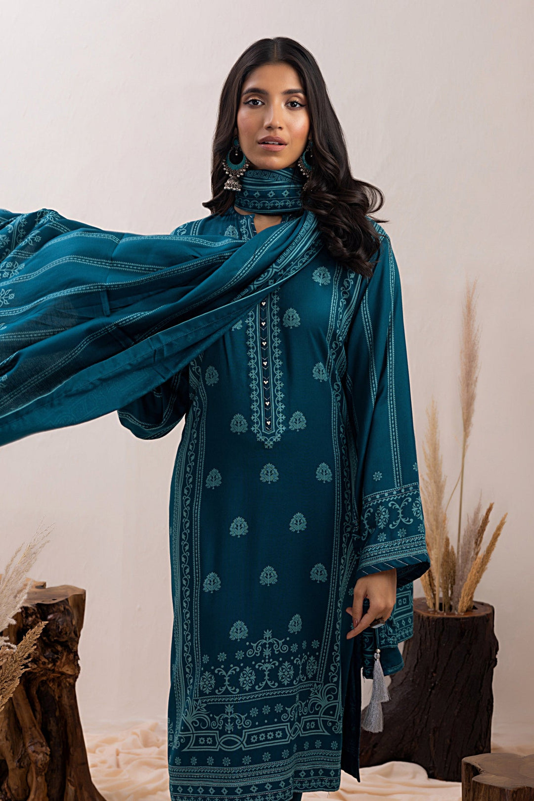 Teal Winter Pashmina Print Suit - Lakhany 3-Piece (LG-IZ-0019-B)