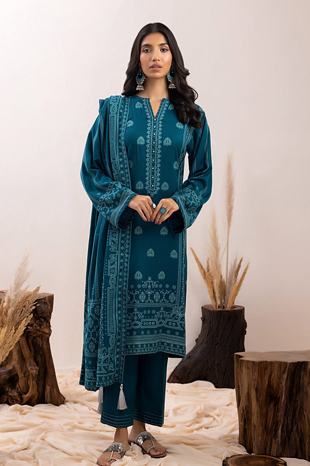 Teal Winter Pashmina Print Suit - Lakhany 3-Piece (LG-IZ-0019-B)