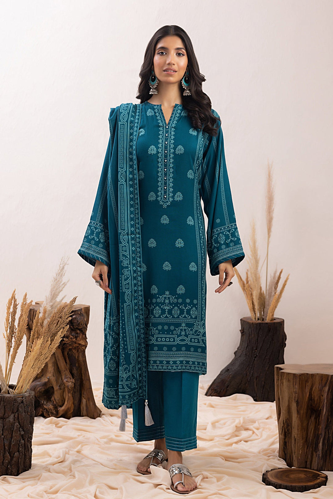 Teal Winter Pashmina Print Suit - Lakhany 3-Piece (LG-IZ-0019-B)