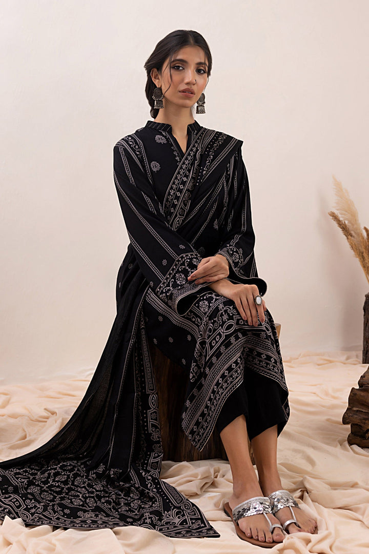 Black Winter Pashmina Print Suit - Lakhany 3-Piece LSM-W