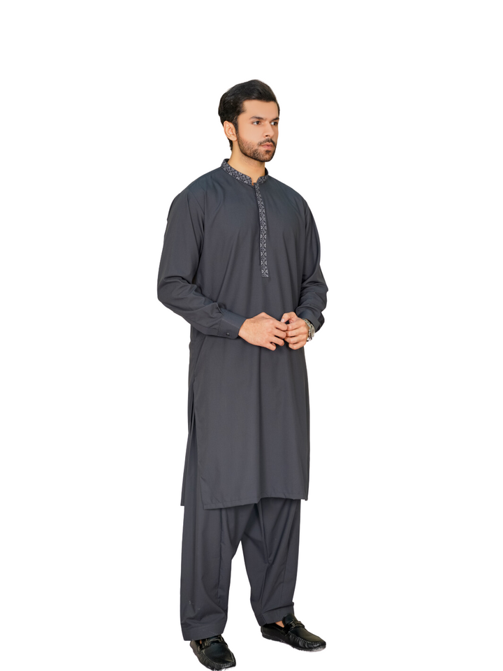 Men's Embroidered Grey Shalwar Kameez Ready To Wear