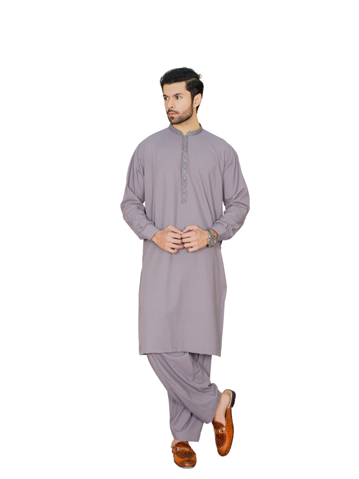 Men's Lilac Embroidered Shalwar Kameez Ready To Wear