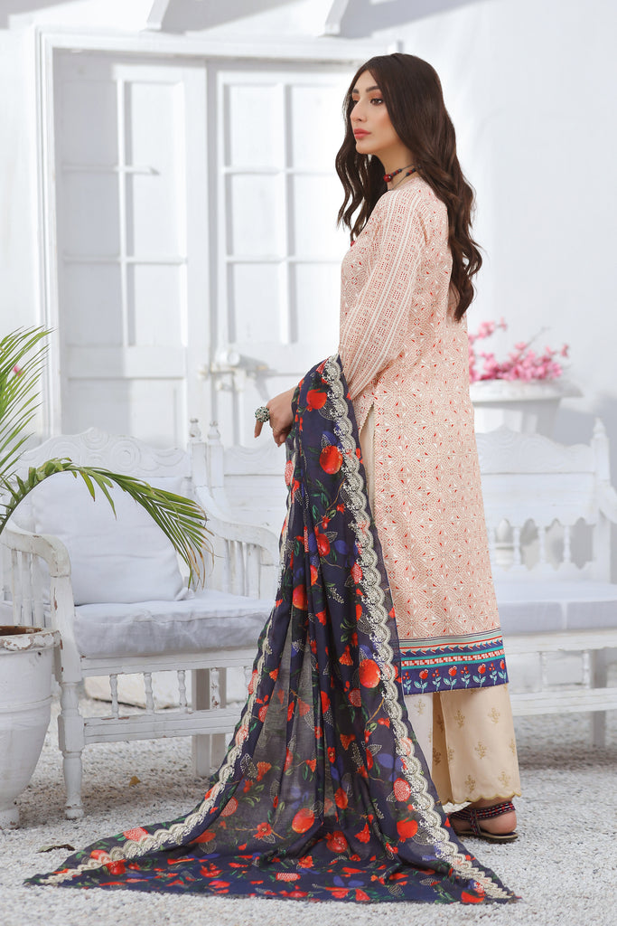 Spring Embroidered Collection Vol-1 - Unstitched Peach, Pink Dupatta