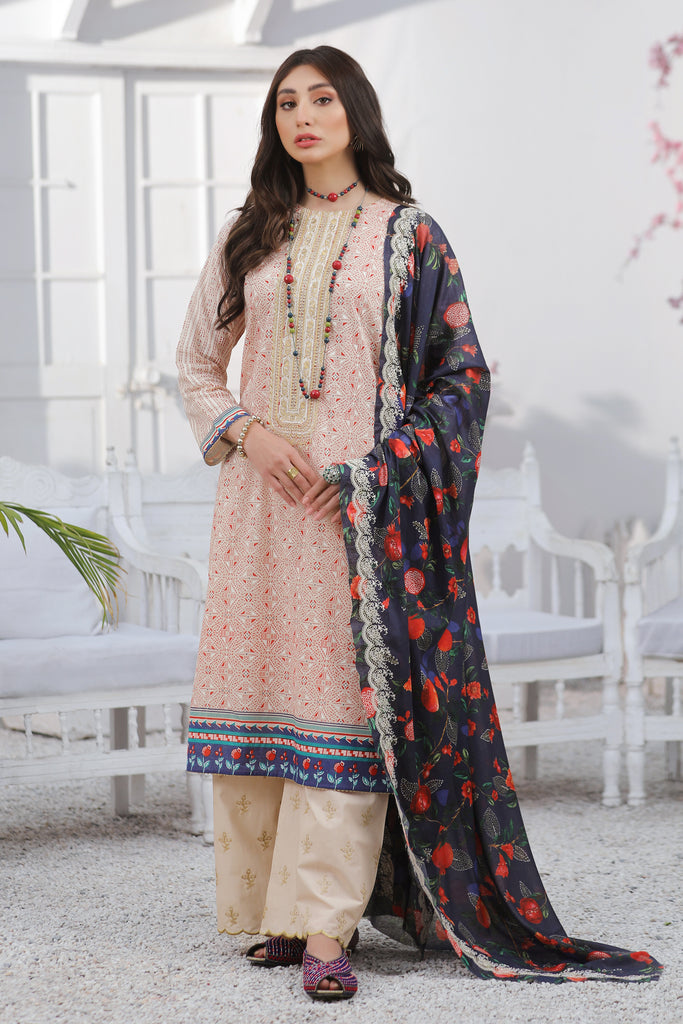 Spring Embroidered Collection Vol-1 - Unstitched Peach, Pink Dupatta