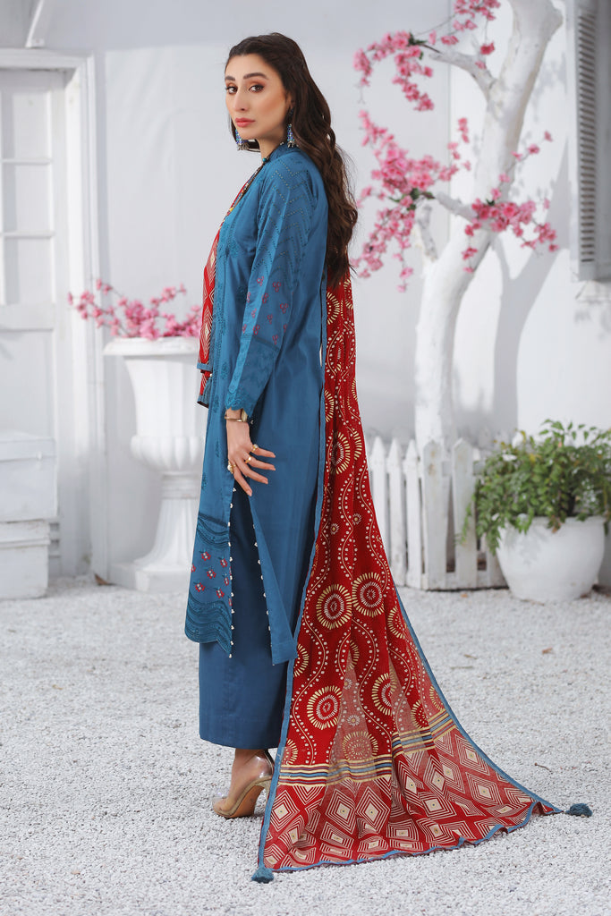 Teal Blue Spring Embroidered 3-Piece - Unstitched with Red Dupatta