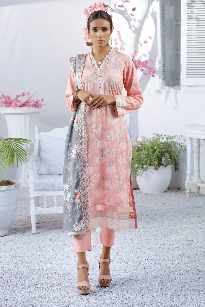 Spring Embroidered Collection Vol-1 - Unstitched Peach, Gray Dupatta