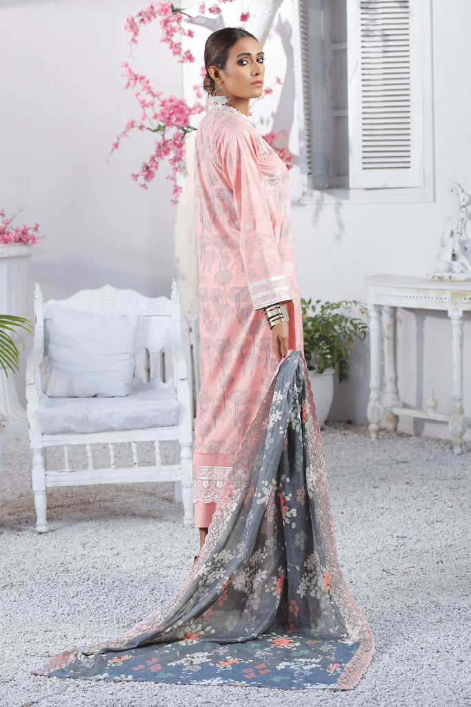 Spring Embroidered Collection Vol-1 - Unstitched Peach, Gray Dupatta