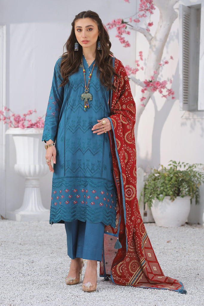 Teal Blue Spring Embroidered 3-Piece - Unstitched with Red Dupatta