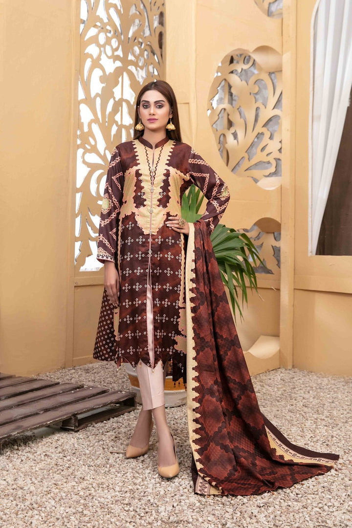 TAWAKKAL FABRICS 3 PIECE STITCHED PRINTED LINEN SUIT D-6108