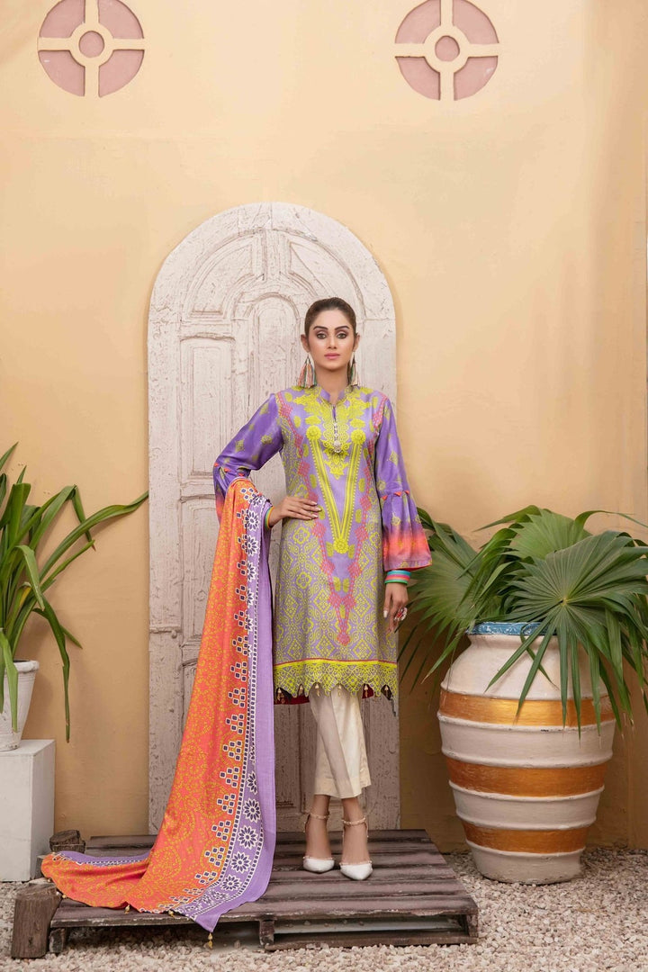 TAWAKKAL FABRICS 3 PIECE STITCHED PRINTED LINEN SUIT D-6113