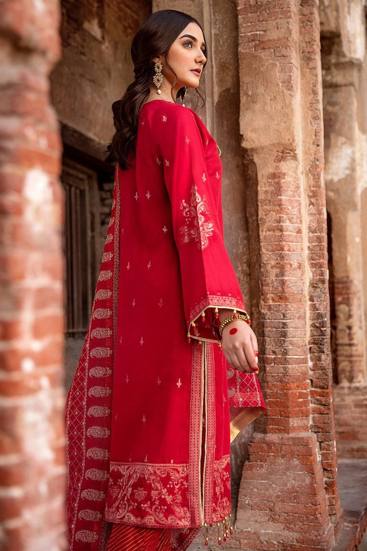 GUL AHMED Red 3 PC Unstitched Embroidered Jacquard Suit with tissue silk dupatta MJ-42