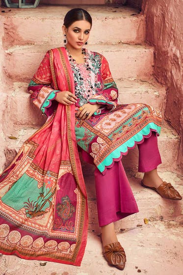 GUL AHMED 3PC Unstitched Embroidered Corduroy Suit with Digital Printed Cotton Net Dupatta CD-12002