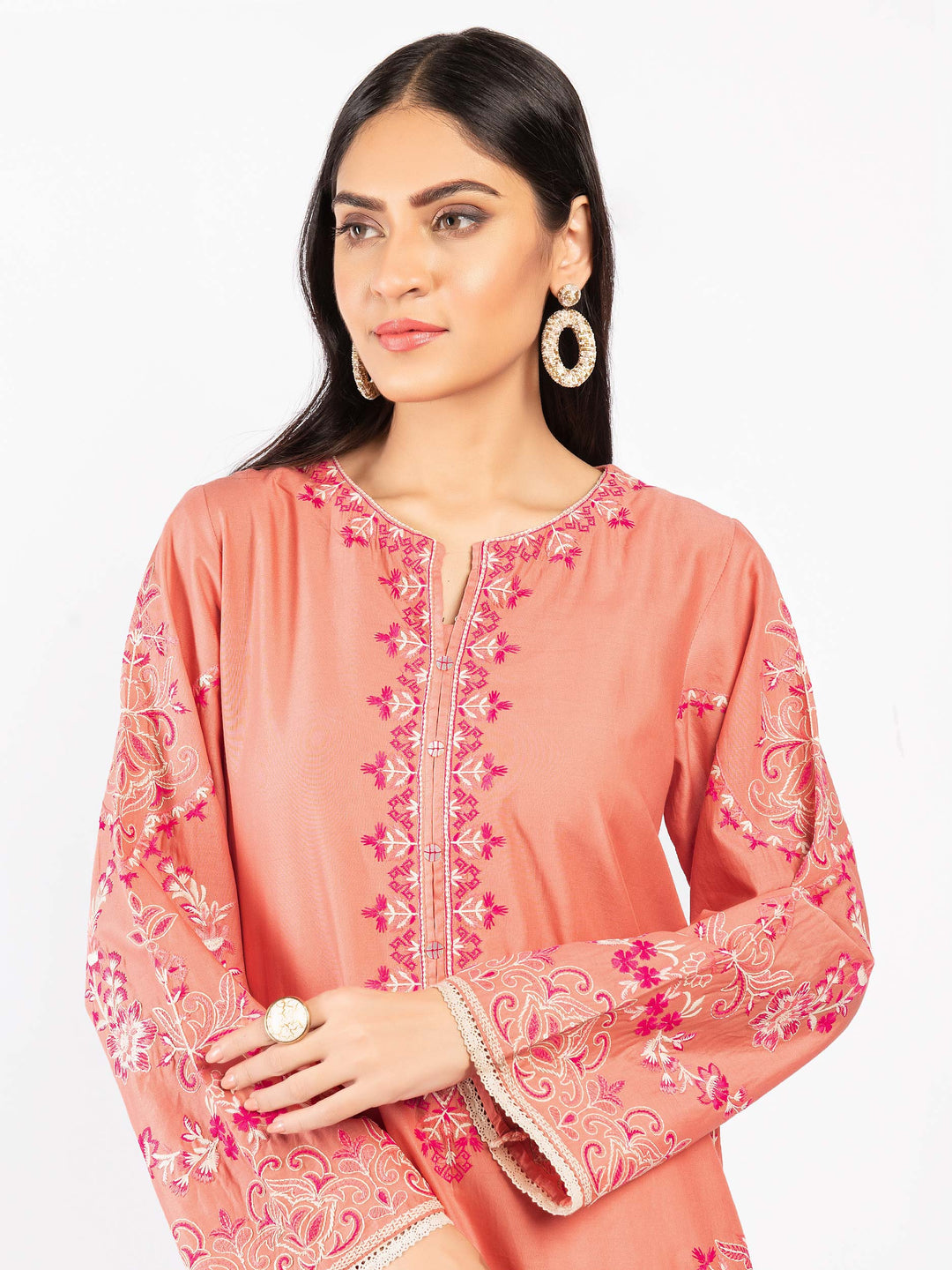 Peach Embroidered Cambric Shirt - Limelight Summer