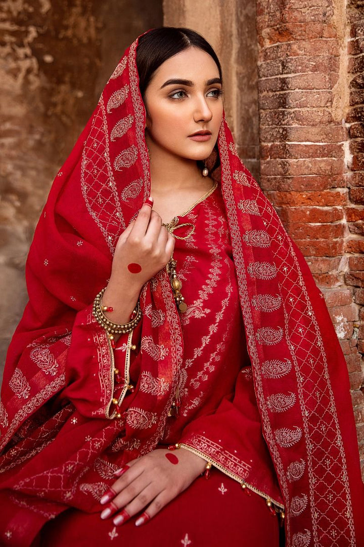 GUL AHMED Red 3 PC Unstitched Embroidered Jacquard Suit with tissue silk dupatta MJ-42