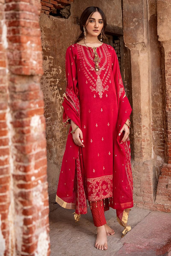 GUL AHMED Red 3 PC Unstitched Embroidered Jacquard Suit with tissue silk dupatta MJ-42