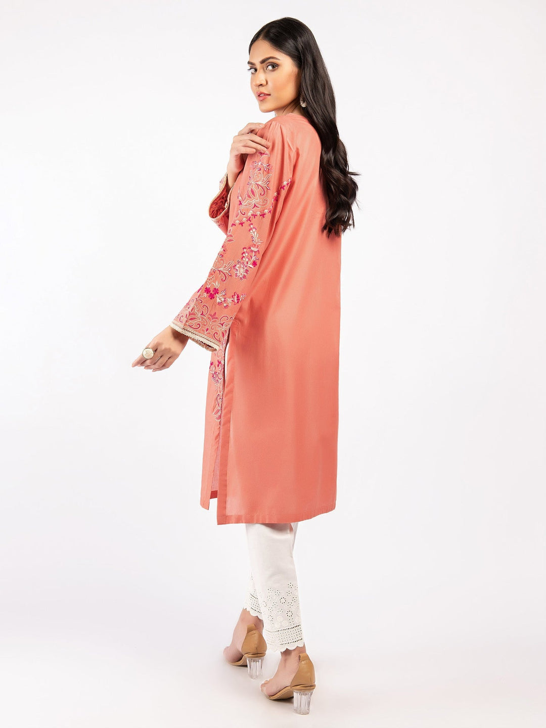 Peach Embroidered Cambric Shirt - Limelight Summer